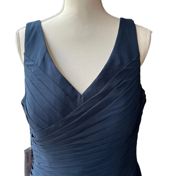 Azazie (NWT) Annabella Midi Length Dark Navy Blue V-Neck Sleeveless Dress Sz 14 - Picture 3 of 12